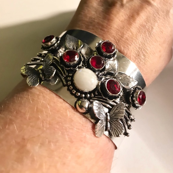 Garnet Moonstone 925 Sterling Silver Cuff Bracelet - Picture 1 of 3